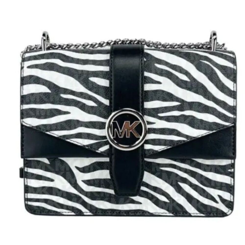 Michael Kors Greenwich Small Flap Shoulder Crossbody Black and White Bag Purse